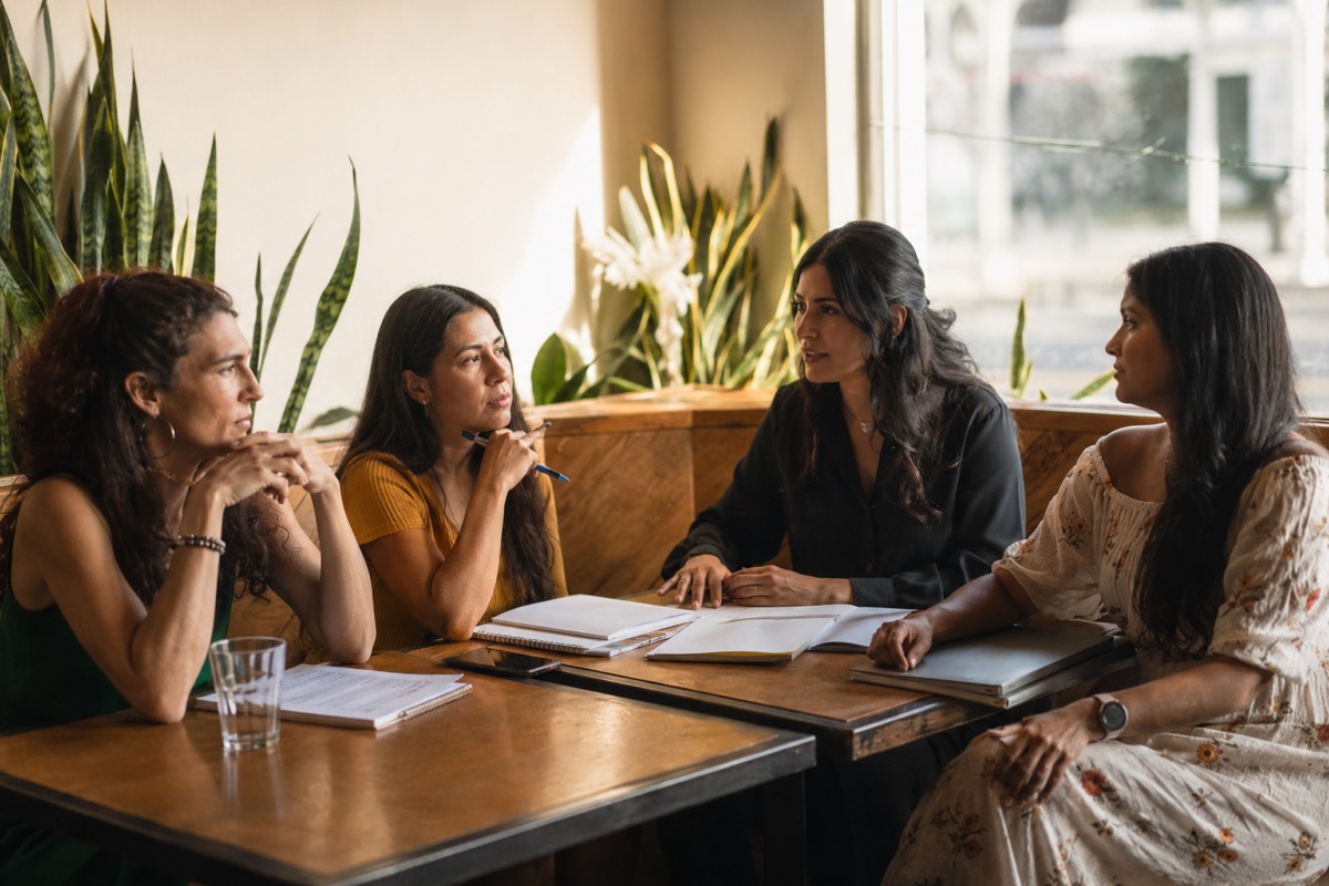 Quatre psychologues en séance de travail, carnets ouverts sur la table.