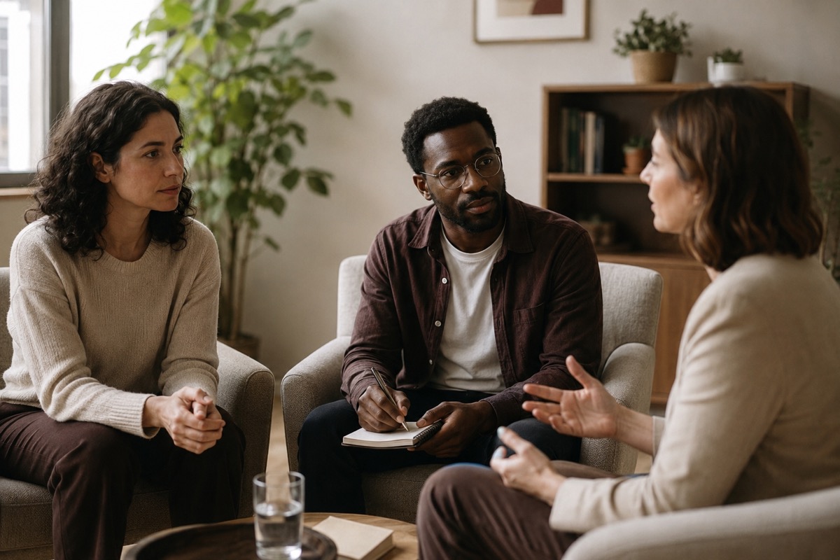 Trois psychologues en supervision, assis en fauteuils dans un lieu calme.